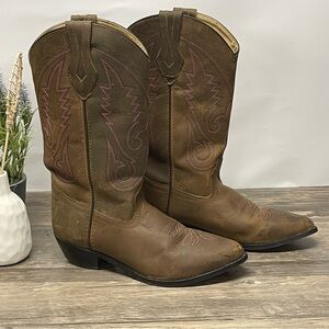 Smoky‎ Mountain Women’s Brown Leather Cowboy Boots 8.5D Pink Stitching Western
